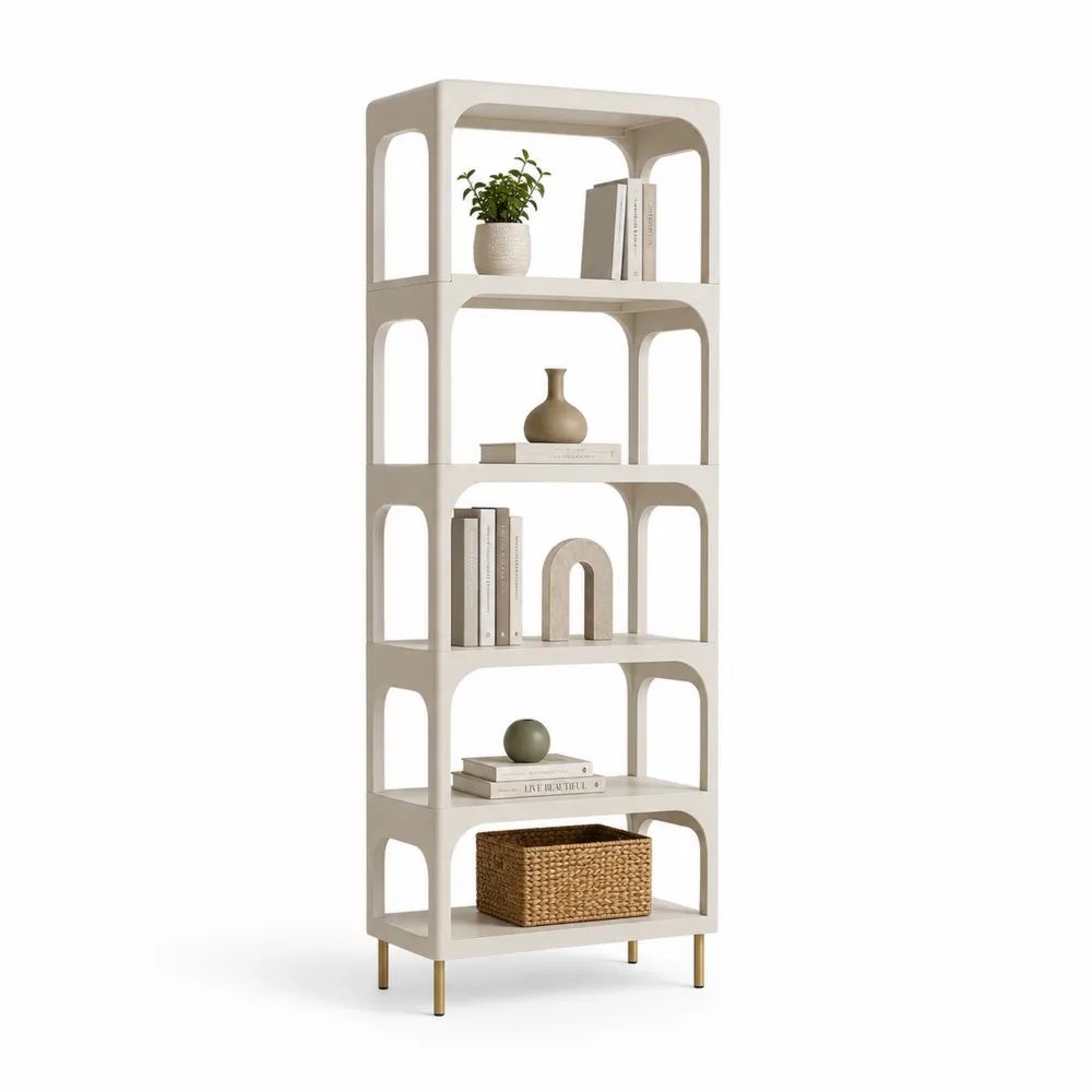 Étagère bibliothèque sur pied à 5 niveaux en MDF et acier, blanc cassé et doré, 60 × 30 × 170 cm