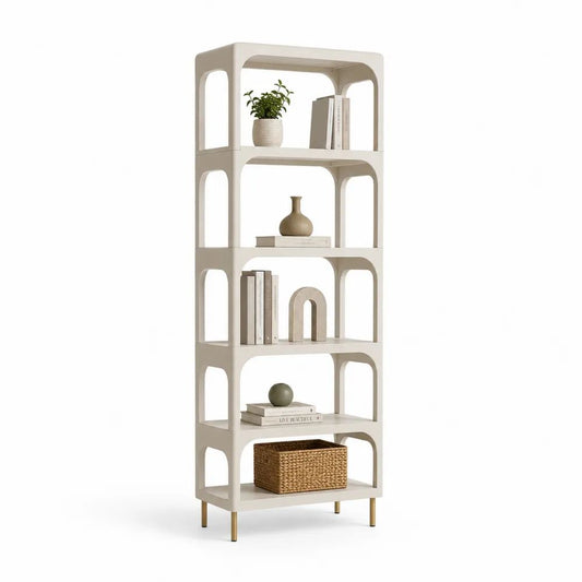 Étagère bibliothèque sur pied à 5 niveaux en MDF et acier, blanc cassé et doré, 60 × 30 × 170 cm