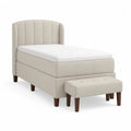 Ensemble lit 120 × 190 cm avec matelas et banc, tête de lit rembourrée en polyester beige, pieds marron
