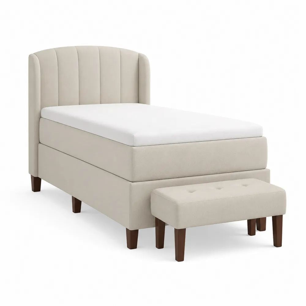 Ensemble lit 120 × 190 cm avec matelas et banc, tête de lit rembourrée en polyester beige, pieds marron