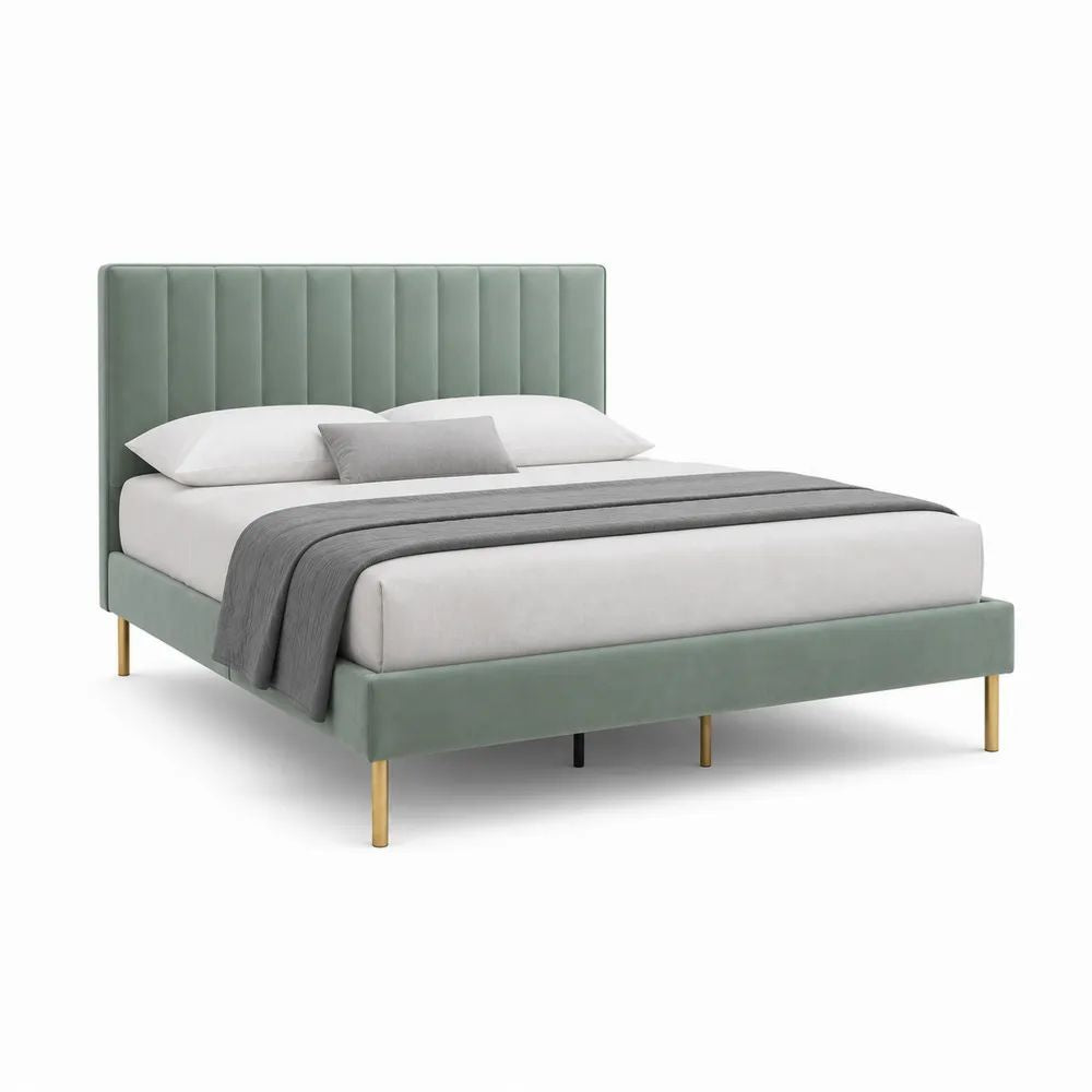 Lit double 160 x 200 cm en velours polyester vert sauge avec tête de lit à panneaux et pieds en acier doré
