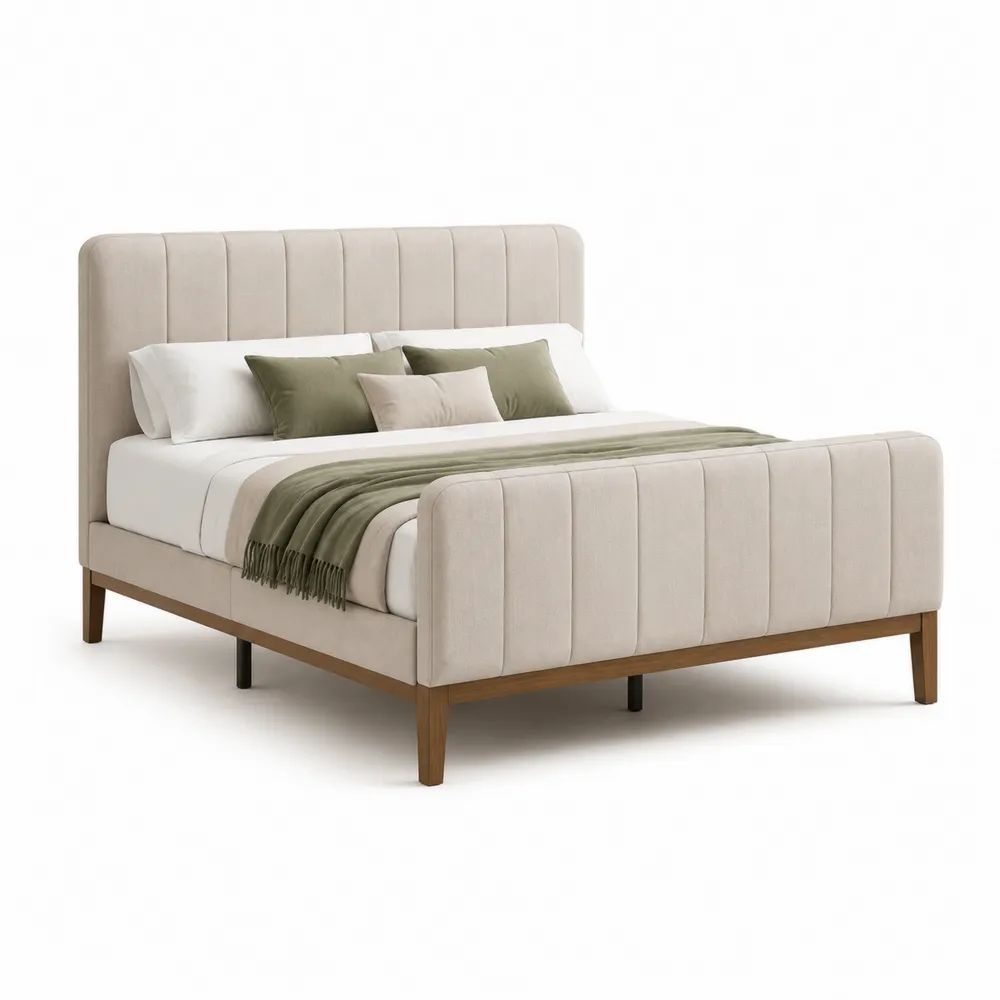 Lit double rembourré 160 × 200 cm en tissu beige avec cadre en bois brun, 176 × 218 × 120 cm