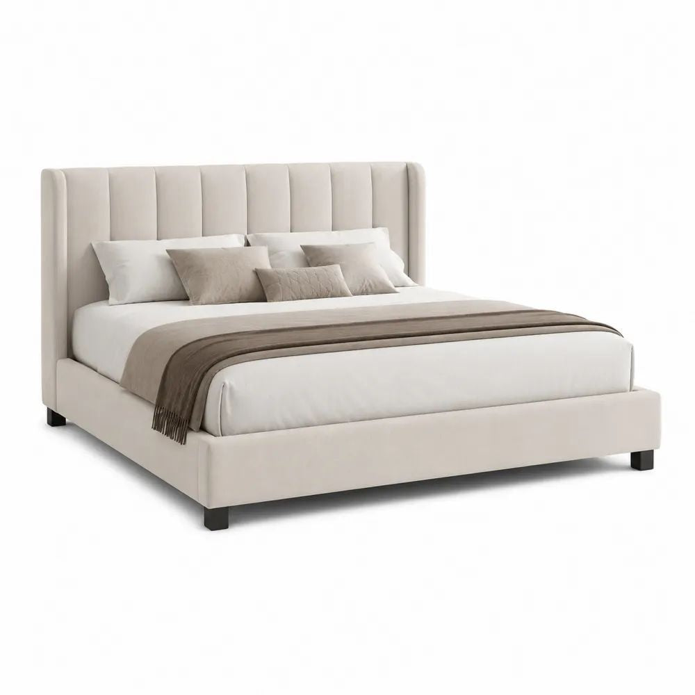 Lit double rembourré 160 x 200 cm en tissu beige clair avec tête de lit à panneaux verticaux et sommier à lattes