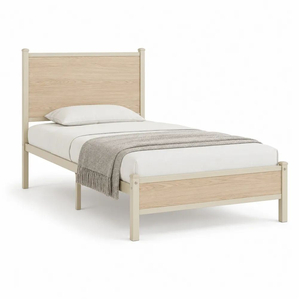 Cadre de lit simple 90 x 190 cm en acier et MDF, beige clair et chêne clair, 198 x 96 x 110 cm